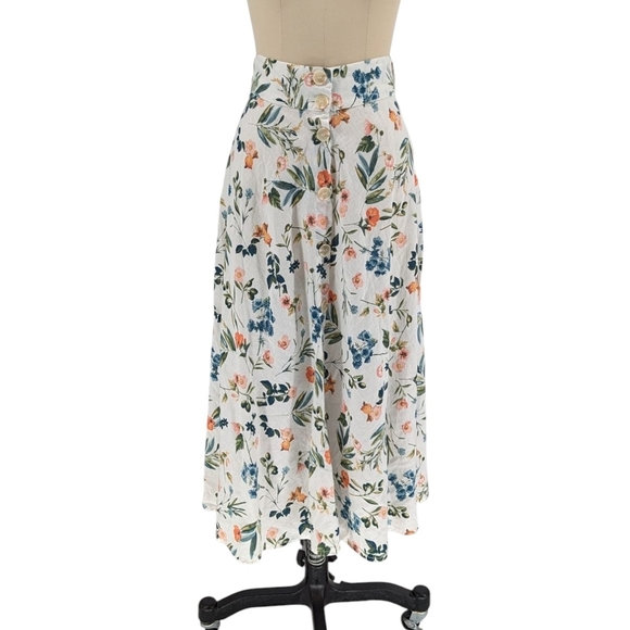 00953 Saks Fifth Ave Floral Linen Skirt White Green Size Small preppy summer - Picture 1 of 6